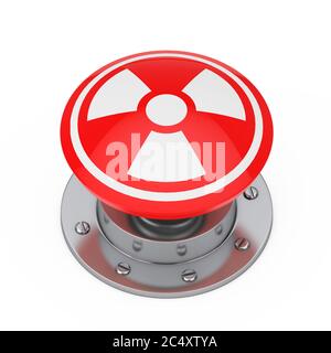 Rote Atombombe-Startnuclear-Taste mit Strahlungssymbol auf weißem Hintergrund. 3d-Rendering Stockfoto