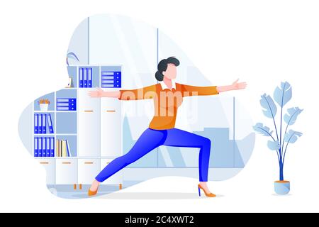 Geschäftsfrau Manager steht in Kriegerpose virabhadrasana. 5-minütige Yoga-Pause im Büro. Frau meditiert in modernem Schrank. Vektorzeichen illustra Stock Vektor