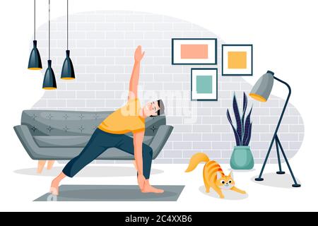 Guy steht in Dreiecksstellung trikonasana. Home Yoga Übung Praxis. Mann und rote niedliche Katze Training in modernen Loft-Zimmer. Vektorzeichen illustratio Stock Vektor