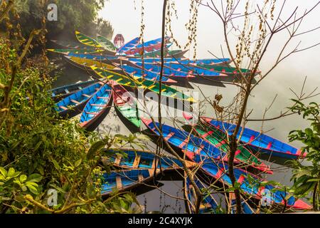 Bunte Boote am Ufer des schönen Sees von Phewa. Pokhara, Nepal. Konzept von Ruhe und Gelassenheit. Stockfoto