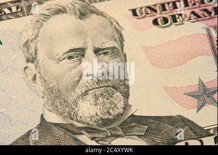 Porträt von US-Präsident Ulysses Simpson Grant auf einem Dollarschein. Stockfoto