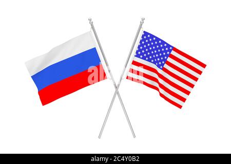 Gekreuzte USA und Russland Flaggen auf weißem Hintergrund. 3d-Rendering Stockfoto