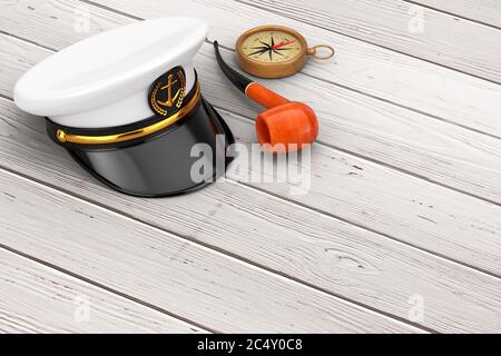 Marineoffizier, Admiral, Kapitän Hut mit Vintage Smoking Tobacco Pipe und Messing Kompass auf einem Holztisch. 3d-Rendering Stockfoto