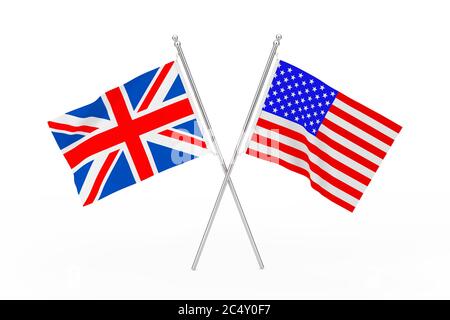 Gekreuzte USA und Großbritannien Flaggen auf weißem Hintergrund. 3d-Rendering Stockfoto