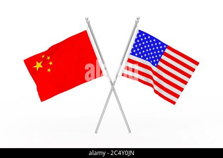 Gekreuzte USA und China Flaggen auf weißem Hintergrund. 3d-Rendering Stockfoto