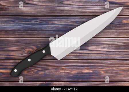 Steel Kitchen Chef Messer auf einem Holztisch. 3d-Rendering Stockfoto