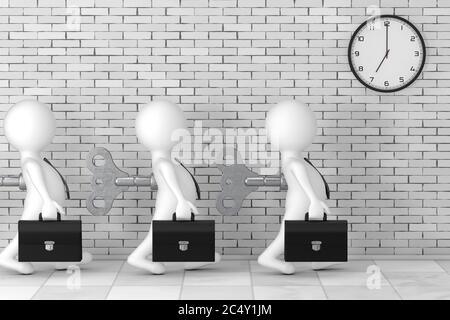 3d Geschäftsmann Personen mit Old Metal Windup Key in ihrem Rücken vor Backstein Wand mit moderner Uhr extreme Nahaufnahme. 3d-Rendering Stockfoto