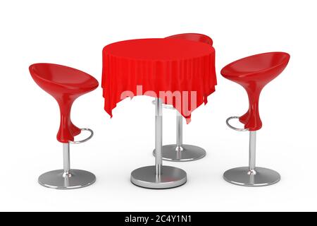 Rote moderne Barhocker mit Tisch und Tischdecke auf weißem Hintergrund. 3d-Rendering Stockfoto