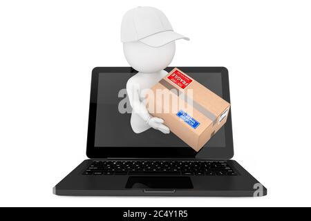 Konzept Für Schnelle Lieferung. 3d-Charakter liefern Parcel durch Laptop-Bildschirm auf weißem Hintergrund. 3d-Rendering Stockfoto