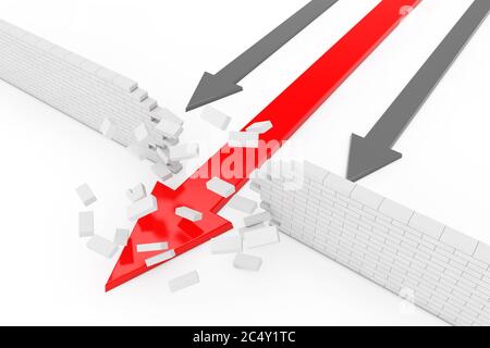 Konzept Der Geschäftslösung. Roter Pfeil Breaking Break Wall auf weißem Hintergrund. 3d-Rendering Stockfoto