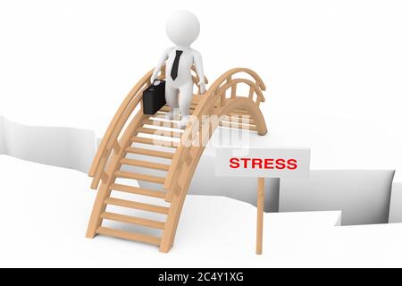 3d Person Geschäftsmann Crossing Bridge mit Stress-Zeichen auf einem weißen Hintergrund. 3d-Rendering Stockfoto