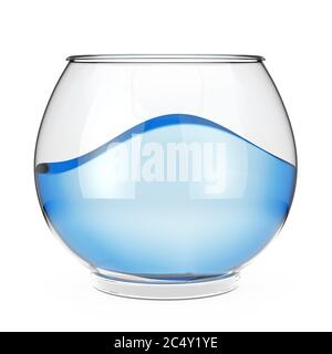 Realistisches leeres Glas Fishbowl Aquarium mit blauem Wasser auf weißem Hintergrund. 3d-Rendering Stockfoto