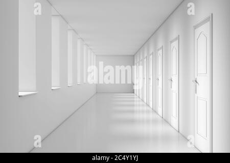 Moderne lange Büro, Schule, Hotel oder Krankenhaus Korridor extreme Nahaufnahme. 3d-Rendering Stockfoto