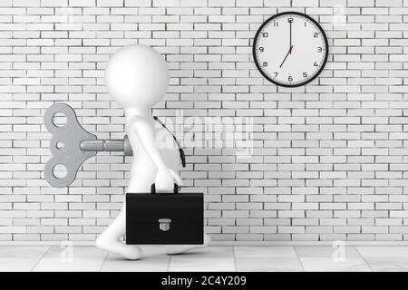 3d Geschäftsmann Person mit Old Metal Windup Key in seinem Rücken vor Backstein Wand mit Modern Clock extreme Nahaufnahme. 3d-Rendering Stockfoto