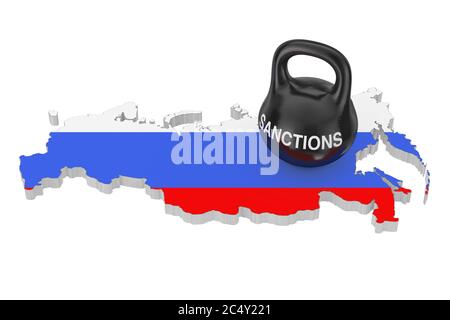 Sanktionskonzept. Schwarze Eisen-Kettlebell mit Sanktionen Zeichen über Russland Karte mit Flagge auf weißem Hintergrund. 3d-Rendering Stockfoto