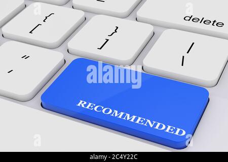 Blaue empfohlene Taste auf der weißen PC-Tastatur extreme Nahaufnahme. 3d-Rendering Stockfoto