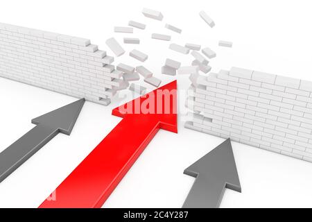 Konzept Der Geschäftslösung. Roter Pfeil Breaking Break Wall auf weißem Hintergrund. 3d-Rendering Stockfoto