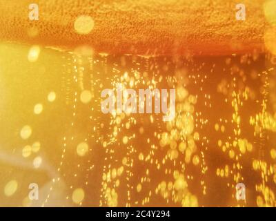 Blasen in einem Glas Bier. Makrofotografie Stockfoto