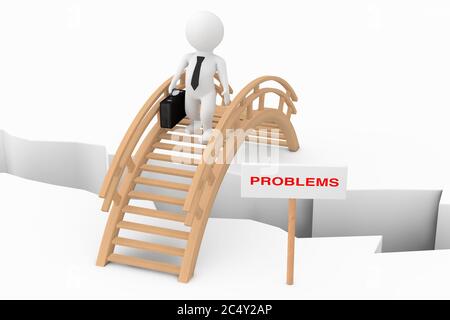 Problemlösungskonzept. 3d Person Geschäftsmann Crossing Bridge mit Problem-Zeichen auf einem weißen Hintergrund. 3d-Rendering Stockfoto