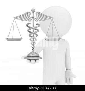 3d Person halten in der Hand Silber Medical Caduceus Symbol als Schuppen auf weißem Hintergrund. 3d-Rendering Stockfoto