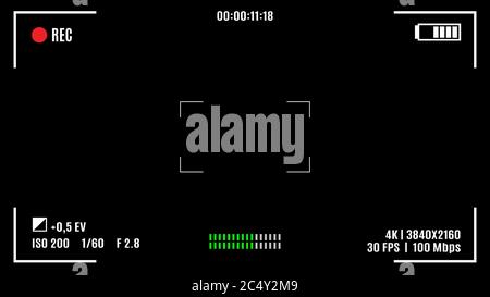 Aufnahmebildschirm der Kamera, Sucher auf schwarzem Hintergrund. Stockfoto