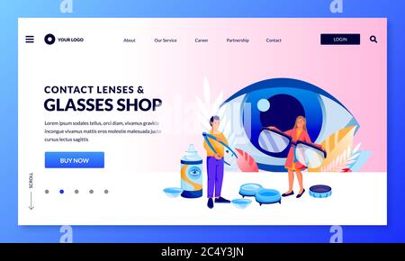 Optik speichern Banner Design Vorlage. Die Menschen wählen Brillen und Kontaktlinsen. Vektor flache Cartoon-Figuren Illustration. Sehkontrolle, Sichtprüfung Stock Vektor