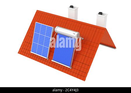 Solar Water Heater und Solar Panel auf einem roten Dach auf weißem Hintergrund installiert. 3d-Rendering Stockfoto