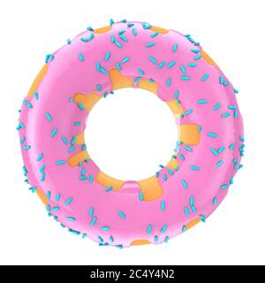 Großer Erdbeer-Donut mit rosa Glasierte mit blauen Streuseln auf weißem Hintergrund. 3d-Rendering Stockfoto