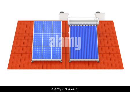 Solar Water Heater und Solar Panel auf einem roten Dach auf weißem Hintergrund installiert. 3d-Rendering Stockfoto