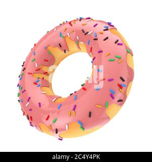 Big Strawberry Pink Glazed Donut mit Farbe bestreut auf weißem Hintergrund. 3d-Rendering Stockfoto