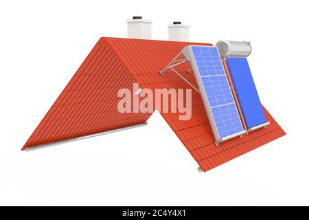 Solar Water Heater und Solar Panel auf einem roten Dach auf weißem Hintergrund installiert. 3d-Rendering Stockfoto