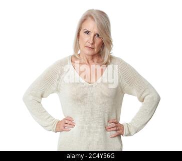 Wütend 50 Jahre alte Frau auf weiß isoliert Stockfoto