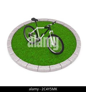 Schwarz und Weiß Mountain Bike über Runde Parzelle von dichtem Grün Gras auf weißem Hintergrund. 3d-Rendering Stockfoto