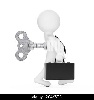 3d Geschäftsmann Person mit Old Metal Windup Key in seinem Rücken auf weißem Hintergrund. 3d-Rendering Stockfoto