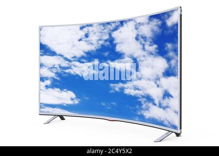 Curved Smart LCD Plasma TV oder Monitor mit Sky View auf weißem Hintergrund. 3d-Rendering. Stockfoto