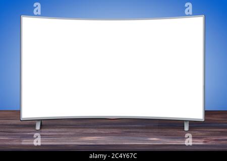 Curved Smart LCD Plasma-TV oder Monitor auf einem Holztisch. 3d-Rendering. Stockfoto