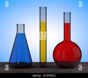 Laborglasflaschen mit Chemikalien Flüssigkeit auf blauem Hintergrund. 3d-Rendering. Stockfoto