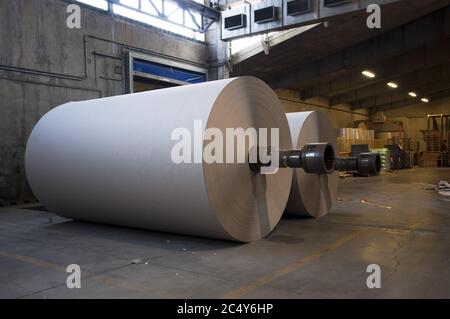 Papier- und Zellstofffabrik - Rollen aus Pappe und unfertigem Papier Stockfoto