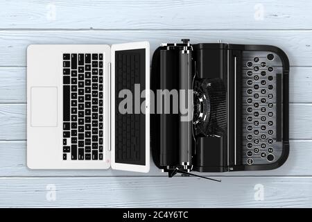 Moderner Laptop-Computer mit antiker Schreibmaschine auf einem Holztisch. 3d-Rendering. Stockfoto