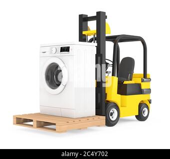 Gabelstapler bewegt moderne Waschmaschine auf weißem Hintergrund. 3d-Rendering Stockfoto