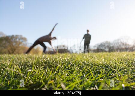 Zwei Jungen, die an einem sonnigen Tag im Park auf Gras Rollen. Stockfoto