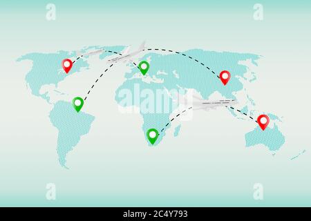 White Jet Passagierflugzeuge Verkehr über Weltkarte mit Kartenzeigern und Routen auf weißem Hintergrund. 3d-Rendering. Stockfoto