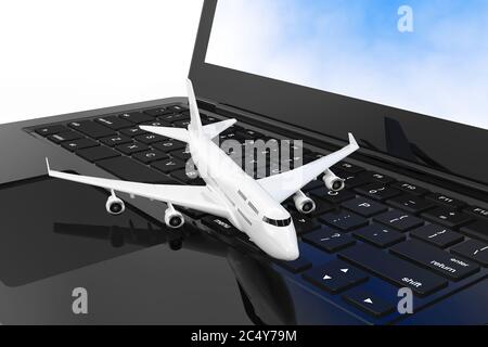 White Jet Passagierflugzeug über moderne Laptop-Computer-Tastatur extreme Nahaufnahme. 3d-Rendering. Stockfoto