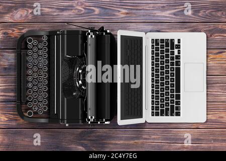 Moderner Laptop-Computer mit antiker Schreibmaschine auf einem Holztisch. 3d-Rendering. Stockfoto