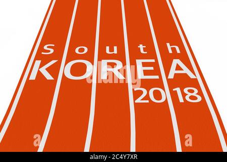 2018 Südkorea Olympische Winterspiele Sign über Laufstrecke auf weißem Hintergrund. 3d-Rendering Stockfoto