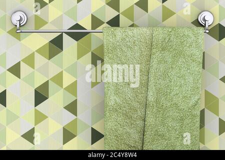 Handtuch hängend auf lange neue Edelstahl Handtuchhalter Rack auf einem abstrakten Olive Green Polygon Geometrischen Hintergrund extreme Nahaufnahme. 3d-Rendering Stockfoto