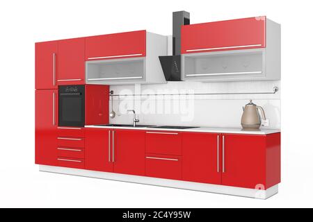 Moderne rote Küchenmöbel mit Geschirr auf weißem Hintergrund. 3d-Rendering Stockfoto