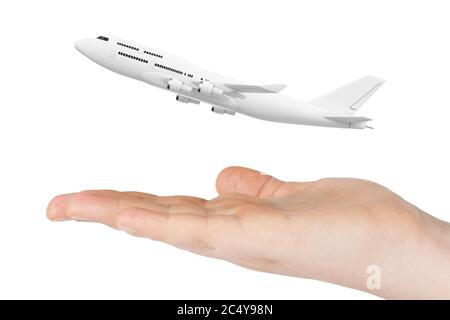 White Jet Passagierflugzeug über Hand auf weißem Hintergrund. 3d-Rendering Stockfoto