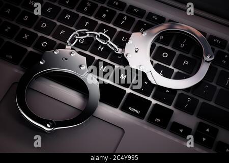 Konzept Für Cyberkriminalität. Handschellen auf Laptop-Computer extreme Nahaufnahme. 3d-Rendering Stockfoto