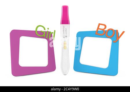 Positive Plastic Schwangerschaft Test zwischen Bilderrahmen mit Mädchen und Jungen Zeichen auf einem weißen Hintergrund. 3d-Rendering Stockfoto